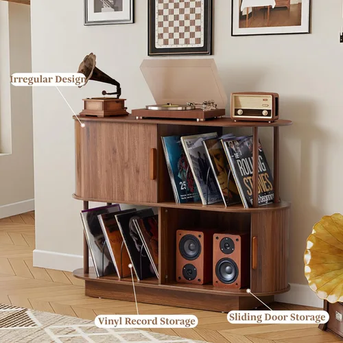Miniatura 3 de Armario de almacenamiento para tocadiscos de vinilo de 40 pulgadas, mesa giratoria moderna de mediados de siglo con puerta corredera, estante