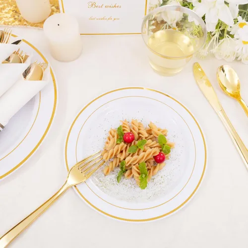 Miniatura 8 de DaYammi Juego de vajilla de plástico dorado de 350 piezas para 50 invitados, platos desechables elegantes para fiestas, incluye: 50 platos llanos