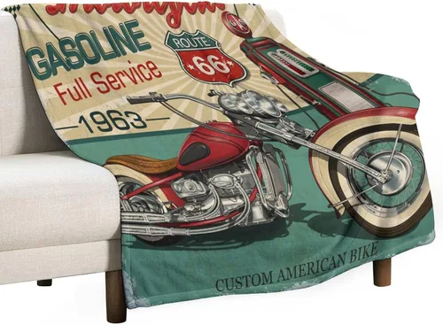 Miniatura 57 de Manta de motocicleta antigua, rústica y clásica, con temática de auto clásico, ruta de EE. UU., 66, patrón impreso, manta de franela súper suave