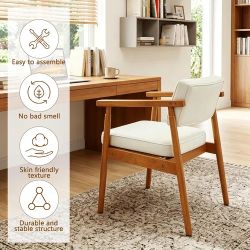 Miniatura 4 de LSSPAID Juego de 1 silla de comedor de mediados de siglo, sillón tapizado en tela de lino beige con reposabrazos de madera, respaldo cómodo, silla