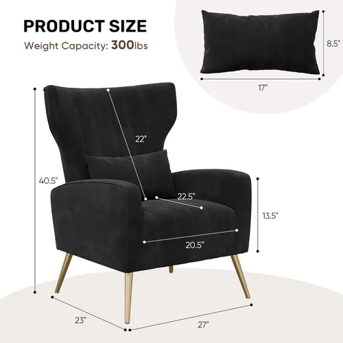 Miniatura 2 de Nebuaegis Silla decorativa de terciopelo con respaldo alado para sala de estar, sillón de respaldo alto con patas doradas, almohada lumbar, sofá
