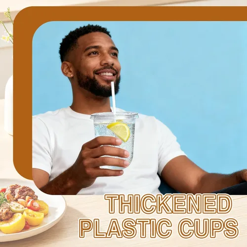 Miniatura 6 de Alaeseje Paquete de 50 vasos de plástico transparente con tapas y popotes, tazas desechables de 12 onzas para café helado, tazas de cristal