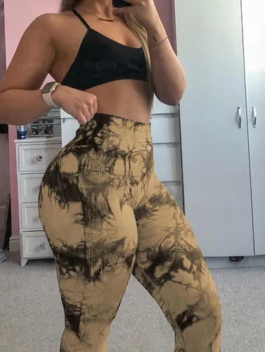 Miniatura 4 de Rugkey Leggings de yoga de 3 piezas para mujer, cintura alta, teñido anudado, sin costuras, con levantamiento de glúteos, pantalones atléticos