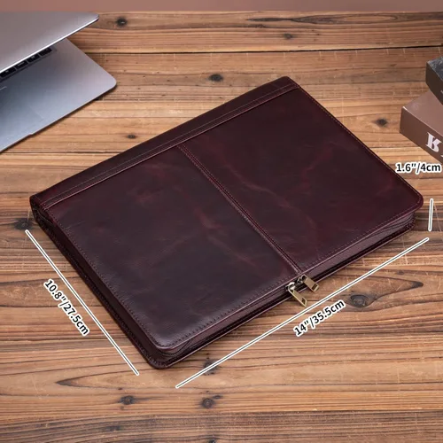 Miniatura 2 de Portafolio de cuero genuino con encuadernador de 3 anillas, portafolio de cuero de grano completo con cremallera, organizador de carpeta profesional