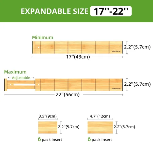 Miniatura 4 de ANTOWIN Paquete de 4 separadores de cajones expandibles, 2.2 pulgadas de alto, se extienden de 17 a 22 pulgadas, organizadores de cajones