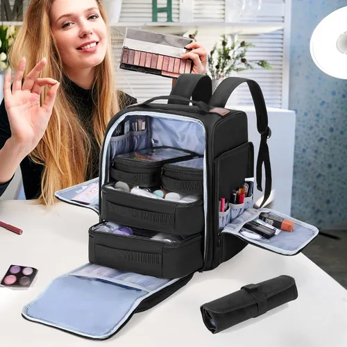 Miniatura 7 de BAFASO Mochila de maquillaje con 4 bolsas extraíbles y 1 bolsa para cepillos, estuche de maquillaje de viaje con múltiples espacios