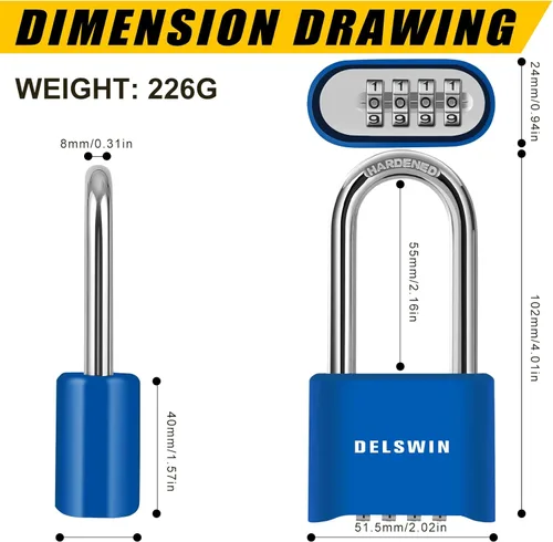 Miniatura 6 de DELSWIN Candado de combinación de candado resistente, cerradura combinada de 4 dígitos con grillete de 2.5 pulgadas de largo, candado impermeable al