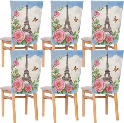 Pink Flowers Romantic Eiffel Tower Decorative Chair Seat Cover for Wedding Banquets Soft Office Chair Cushion fundas para sillas de comedor 6 Set of