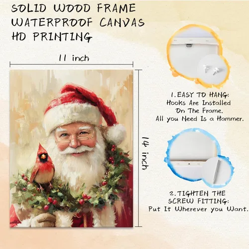 Miniatura 5 de Qabliqo Arte de pared enmarcado con diseño cardenal de Papá Noel, decoración rústica de pared de Navidad, vacaciones de invierno, póster de lienzo