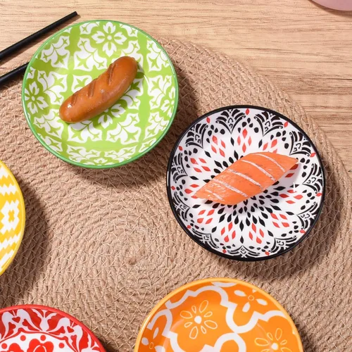 Miniatura 6 de Juego de 5 platos de cerámica para salsas, cuencos pequeños bohemios, coloridos platos geométricos y florales para salsa de soja, aptos