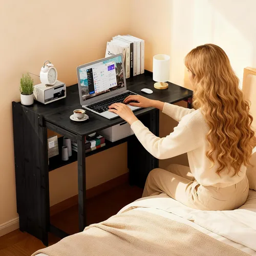 Miniatura 9 de Escritorio plegable de bambú, escritorios plegables para espacios pequeños, escritorio pequeño de mediados de siglo con estantería para computadora