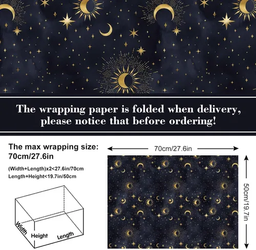 Miniatura 2 de 12 hojas de papel de regalo de galaxia, cielo nocturno negro, envoltura de regalo a granel, luna, estrella, papel decorativo de arte