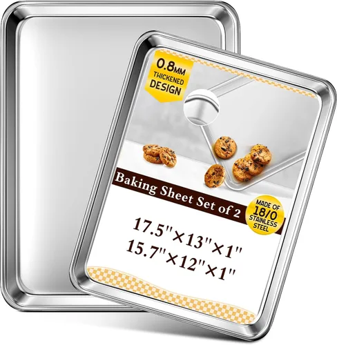 Miniatura 9 de Juego de Bandejas para Hornear de 2, Hojas de Galletas Comerciales de Acero Inoxidable para Hornear, Bandejas Grandes para Horno de 18 x 13 Pulgadas