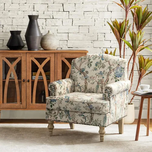 HULALA HOME Sillón decorativo con estampado floral, cómoda silla tapizada para sala de estar con patas de madera retro y ribete de cabeza de clavo,