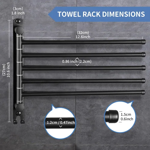 Miniatura 2 de Toallero giratorio, toallero de 12.6 pulgadas con rotación de 180° montado en la pared, 5 brazos de acero inoxidable SUS 304, ahorro de espacio