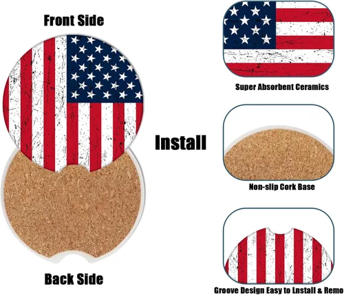 Miniatura 3 de Posavasos para automóvil, posavasos de cerámica absorbente con bandera estadounidense, posavasos para portavasos de automóvil, accesorios