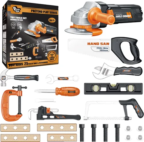 Miniatura 9 de Pairez Toys Motosierra de juguete para niños, juego de herramientas de juego de simulación de 19 piezas, kit de herramientas para el hogar