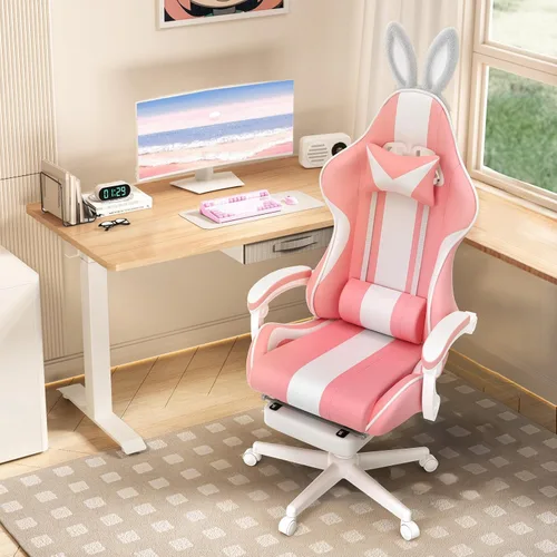 Miniatura 2 de Ferghana Kawaii Bunny Ears - Silla de juegos con reposapiés y masaje, silla ergonómica de cuero para juegos de computadora para niñas, adultos, Rosa