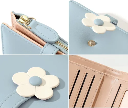 Miniatura 56 de MEISEE Billetera pequeña para niñas y mujeres, billetera de tres pliegues, bolsillo para efectivo, con estampado de flores, monedero con ventana