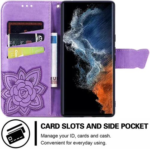 Miniatura 4 de Funda tipo cartera para Samsung Galaxy S23 Ultra 5G, piel sintética de alta calidad con diseño de mariposa en relieve, función atril, ranuras