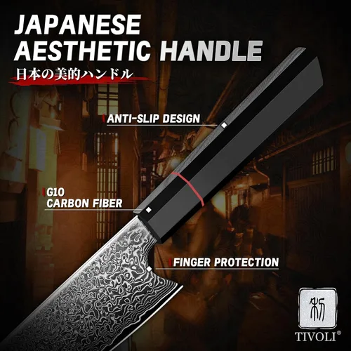 Miniatura 5 de Cuchillo de chef de damasco TIVOLI de 8 pulgadas, cuchillo de cocina japonés forjado a mano de alto carbono con mango octagonal, cuchillo de cocina