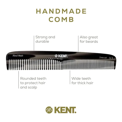 Miniatura 4 de Kent 9T - Peine desenredante de dientes finos de grafito negro y dientes anchos, peine grande hecho a mano para cabello húmedo y aseo duradero