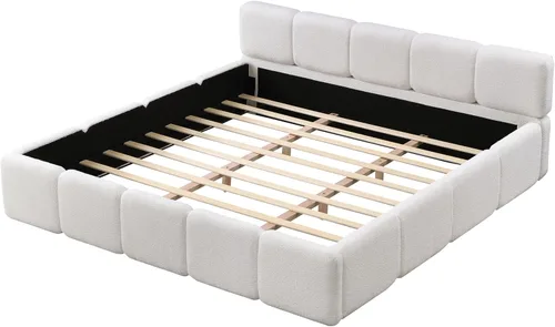 Miniatura 7 de Merax Cama de plataforma Boucle tamaño King con cabecero y estribo gruesos, marco de cama tapizado estilo bloque, color blanco