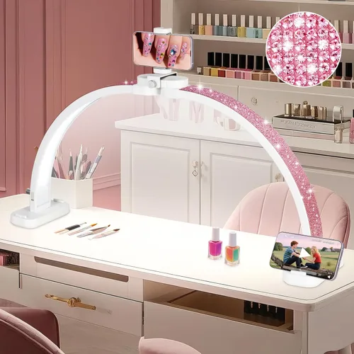 Miniatura 11 de HITTI Lámpara de escritorio de media luna de 29 pulgadas para uñas con soporte para teléfono, lámpara de mesa plegable para uñas, lámpara de mesa