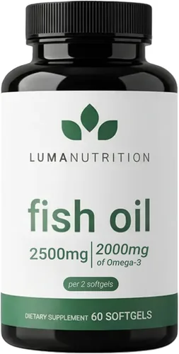 Luma Nutrition Suplemento de Aceite de Pescado Omega 3 - Fuerza Extra 2500mg - 2000mg EPA y DHA - Salud del Cerebro y del Corazón - 60 Softgels