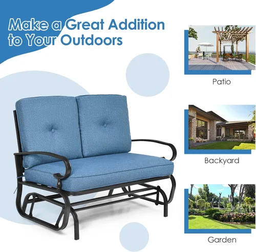 Miniatura 8 de Tangkula Silla mecedora para exteriores, banco planeador de patio para 2 personas, sofá biplaza mecedora para exteriores con marco de acero y Azul