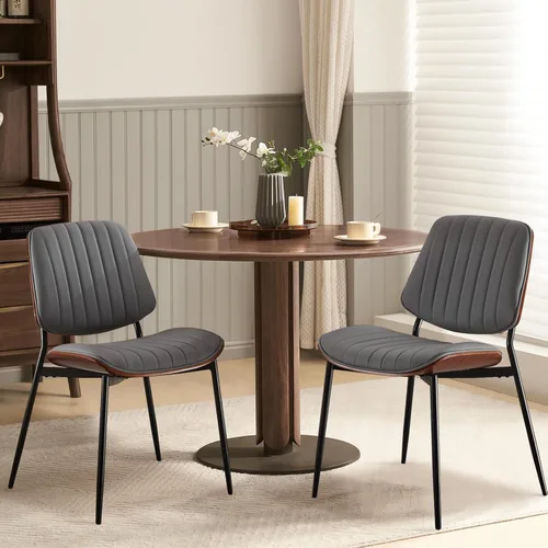 Miniatura 17 de Juego de 2 sillas de comedor tapizadas modernas de mediados de siglo con respaldo de nogal, sillas laterales de piel sintética con acento retro