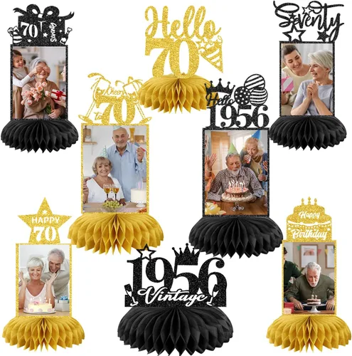 Miniatura 12 de 9 piezas de decoración de cumpleaños 70 para hombres y mujeres, centros de mesa de nido de abeja de feliz cumpleaños 70, decoración de mesa de 70
