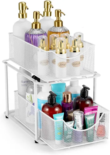 Sorbus Organizadores y almacenamiento de baño de 2 niveles para debajo del fregadero, cajones deslizantes de malla de acero fuerte para un mejor