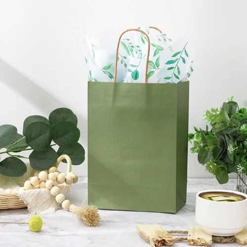 Miniatura 6 de Whaline 16 bolsas de papel kraft verde salvia con asas, 20 piezas de papel de seda de eucalipto, bolsa de golosinas a granel para baby shower