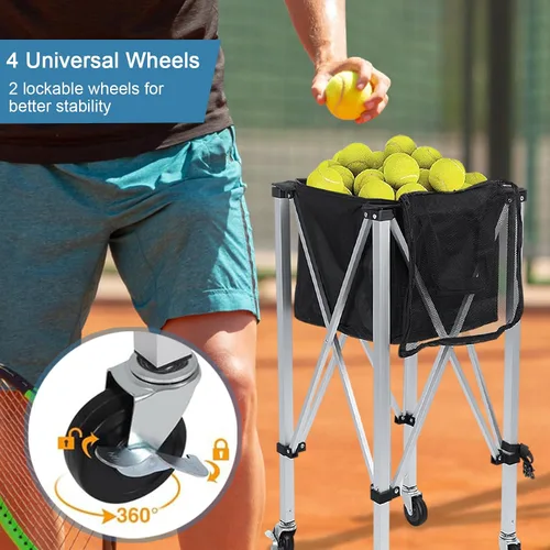 Miniatura 5 de Anvazise Tolva de pelota de tenis con capacidad para 160 bolas, cesta plegable para pelotas de tenis con ruedas y bolsillos laterales extraíbles