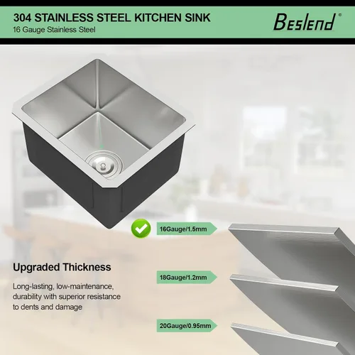 Miniatura 5 de Fregadero de Montaje Bajo de 13 Pulgadas - Beslend 13”x15”x9” Fregadero de Cocina de Acero Inoxidable de Montaje Bajo Calibre 16 Fregadero de Cocina