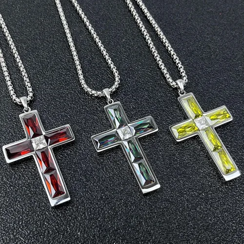 Miniatura 5 de Collar de cruz con piedra de nacimiento para hombre, collar de cruz de acero inoxidable 316L con colgante de cruz de circonia cúbica para mujer