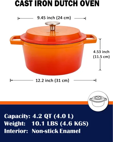 Miniatura 2 de Horno holandés de hierro fundido de 4.2 cuartos de galón con tapa, interior antiadherente esmaltado, apto para horno hasta 500 °F, compatible