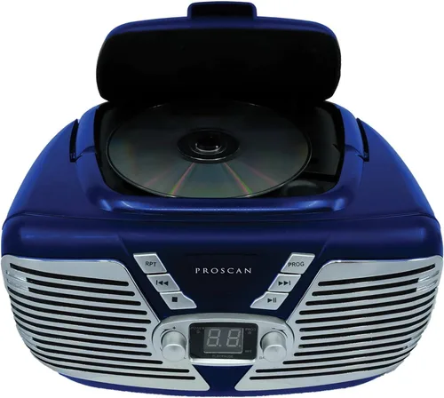 Reproductor de CD retro, radio portátil, reproductor de CD Boombox, radio AM/FM, entrada AUX alimentada por CA o funciona con pilas (azul)