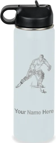 Miniatura 38 de LaserGram Botella de agua personalizada, jugador de hockey, acero inoxidable de doble pared aislada al vacío con popote superior, regalo grabado