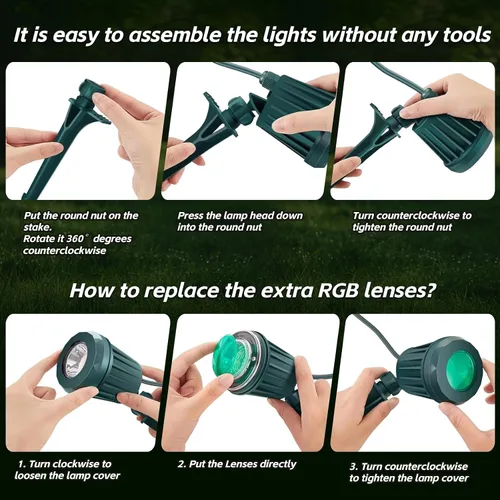Miniatura 9 de Foco para exteriores – Enchufe de 120 V, 2700 K, luces LED de paisaje blanco cálido con 3 lentes RGB para patio, jardín, césped y decoración