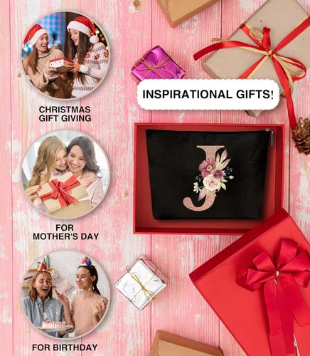 Miniatura 4 de Bolsa de maquillaje personalizada con inicial, bolsas de maquillaje con monograma A - Z, bolsa de aseo cosmético de viaje con letra negra