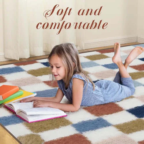 Miniatura 3 de Alfombra súper suave para dormitorio, alfombra de área de arcoíris de 5 x 7 pies, alfombra peluda a cuadros clásica antideslizante de pelo alto