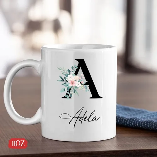Miniatura 4 de Tazas de café blancas personalizadas con nombre, taza con nombre personalizado con inicial, taza de cerámica floral personalizada, regalo