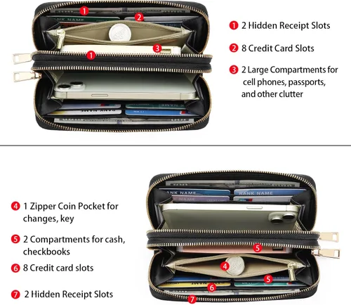 Miniatura 3 de GOIACII Cartera de mujer de gran capacidad con doble cremallera para mujer, soporte para teléfono con bloqueo RFID, correa de cuero