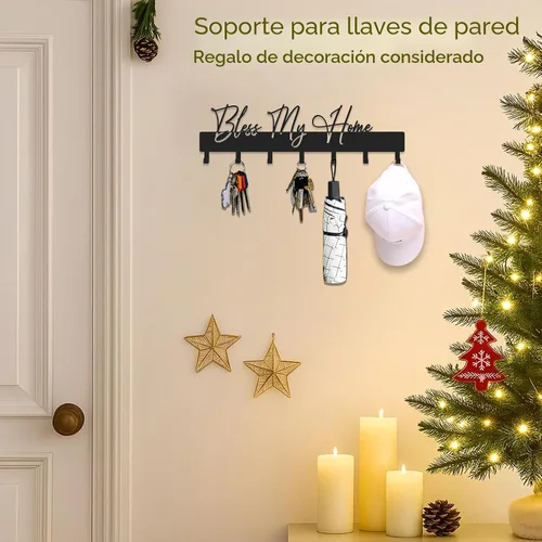Miniatura 4 de Exquisito soporte de pared con frase de moda, ganchos para llaves Bless My Home para decoración de pared, colgador de llaves de metal negro con 7