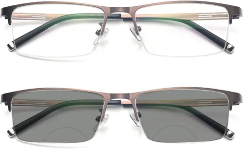 Miniatura 7 de Negocios Casual Hombres Ultraligero Metal Cuadrado Medio Marco Transición Bifocal Lente Gris Gafas de Lectura Presbíopes