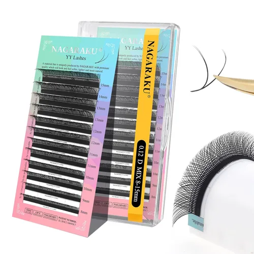 Miniatura 103 de Suministros de extensiones de pestañas NAGARAKU yy, pestañas falsas 0.05mm rizado D, bandeja mixta 8-12mm, prefabricadas 4D, abanico fácil, volumen