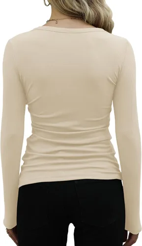 Miniatura 3 de GEMBERA Camisetas básicas de manga larga con cuello redondo y punto acanalado para mujer, estilo casual, ajustadas