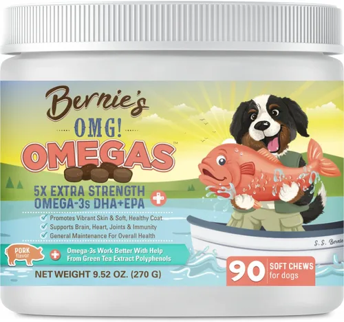 Bernie's OMG! Gomitas de Omegas para Perros - 5 veces más Fuerte DHA+EPA, Aceite de Pescado, Piel y Pelaje Saludables, Alivio de Alergias,